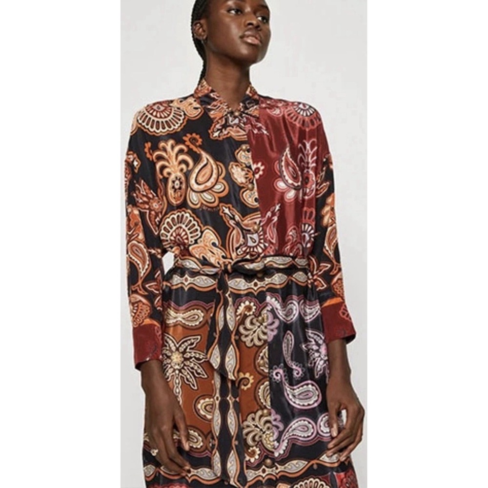 Farm Rio Sweet Mermaids Paisley Satin Shirt Midi Dress Multi‎ Color Size Small